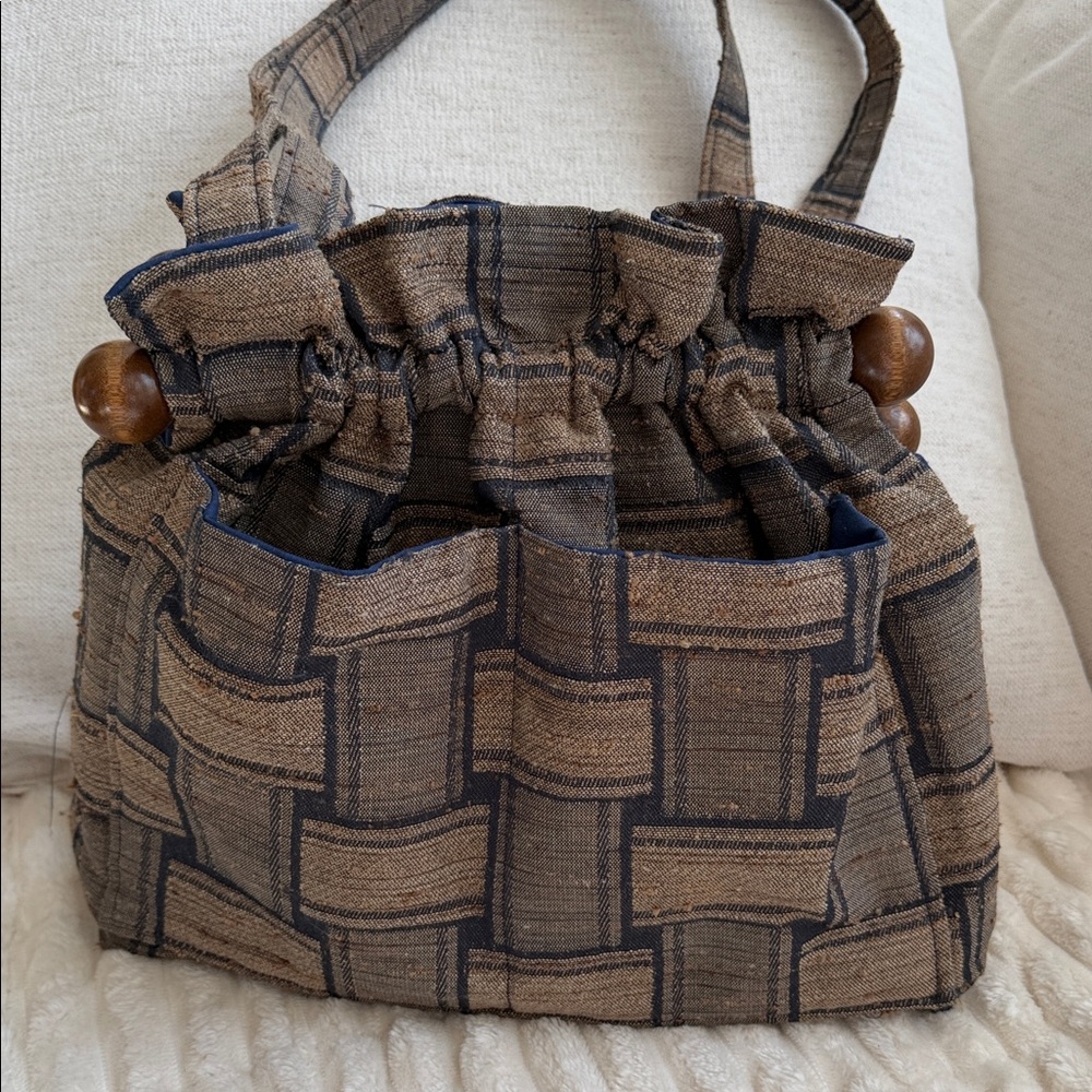 Vintage Boho Tapestry Handmade Artisanal Bucket Bag purse Wood Beads Cottagecore - Picture 5 of 11